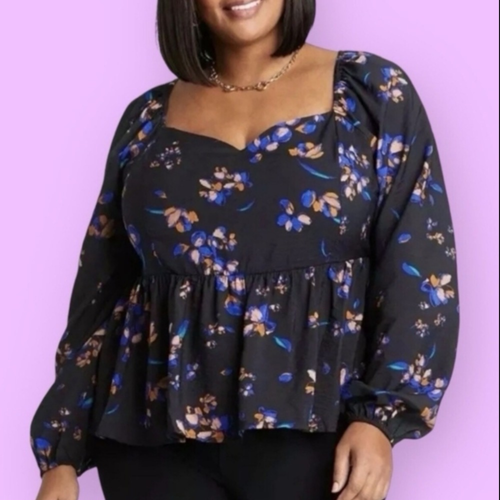 Ava & Viv Black Floral Smocked Peplum Square Neck Long Sleeve Top‎ Plus Size 1X